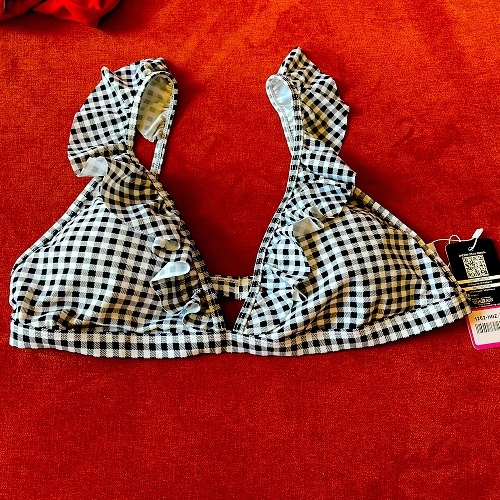 XL Gingham Swim Top with Ruffles